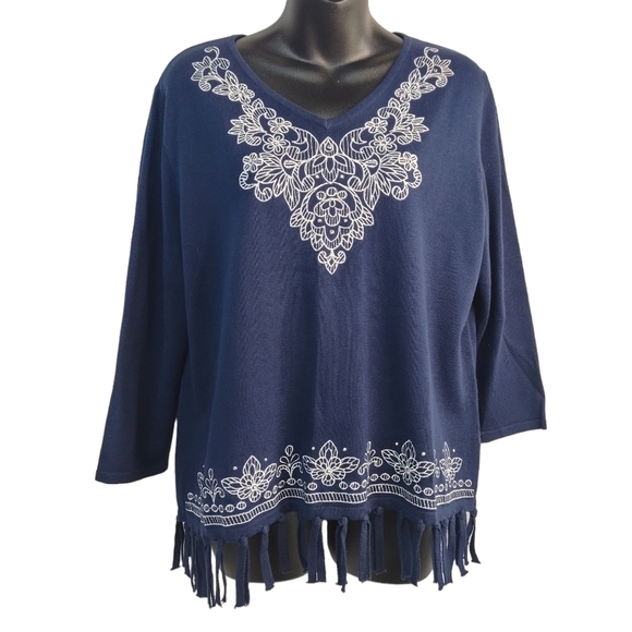 Alfred Dunner Women's Petite Embroidered Fringe Sweater Navy Size PL - Picture 3 of 11